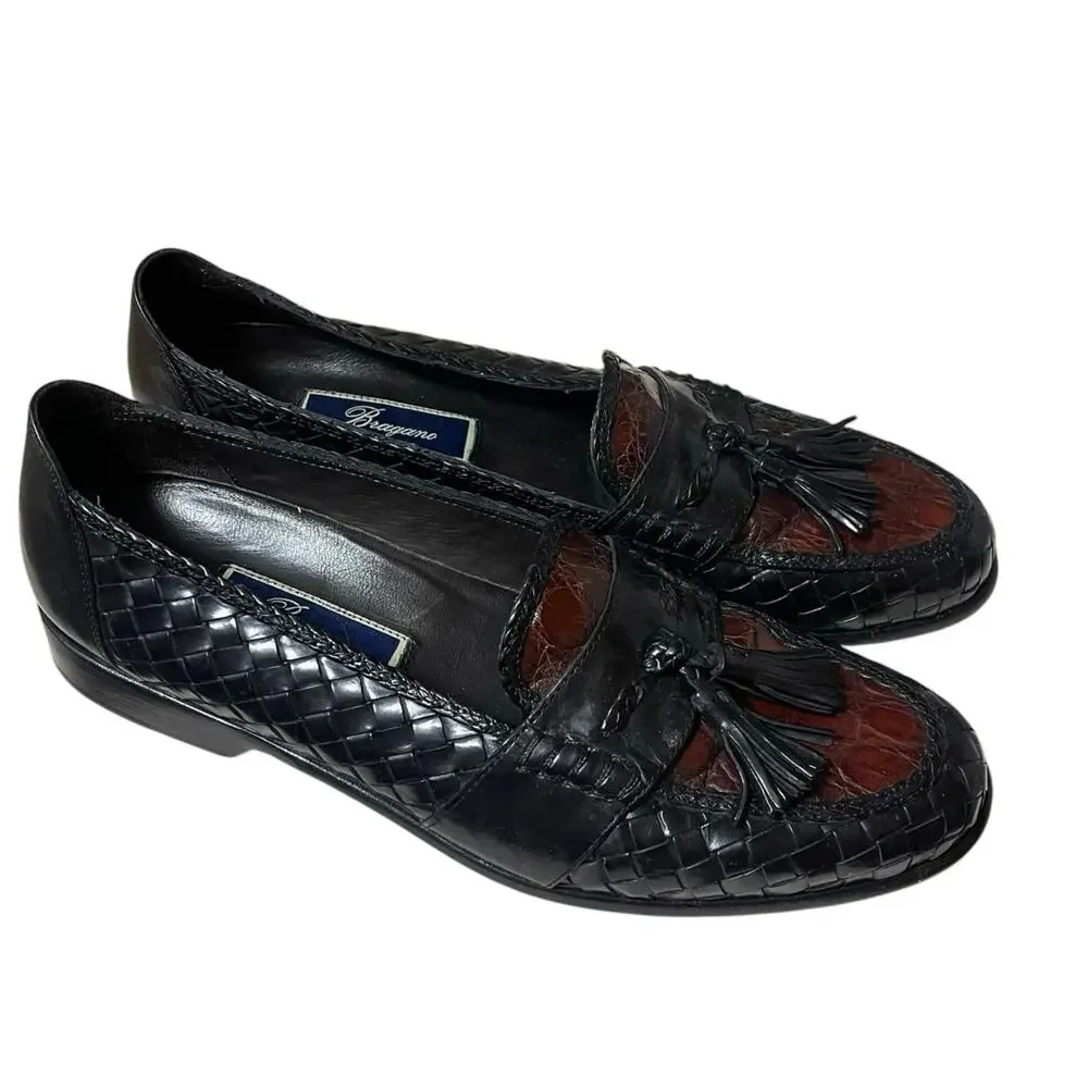 Bragano Crocodile Woven Leather Tassel Loafers Black/Brown Made In Italy 10.5 N